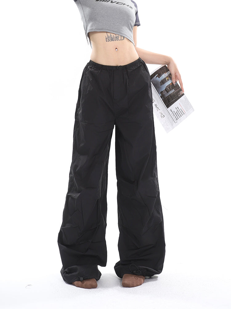 Sofia Solid Color High Waist Straight Leg Drawstring Baggy Loose Parachute Cargo Pants