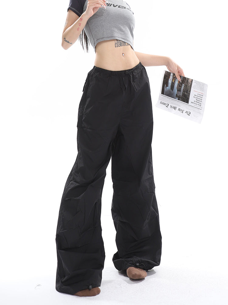 Sofia Solid Color High Waist Straight Leg Drawstring Baggy Loose Parachute Cargo Pants