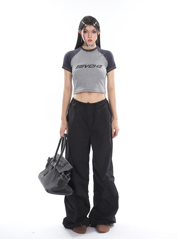 Sofia Solid Color High Waist Straight Leg Drawstring Baggy Loose Parachute Cargo Pants