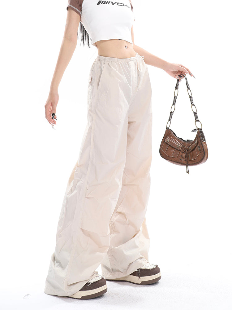 Sofia Solid Color High Waist Straight Leg Drawstring Baggy Loose Parachute Cargo Pants