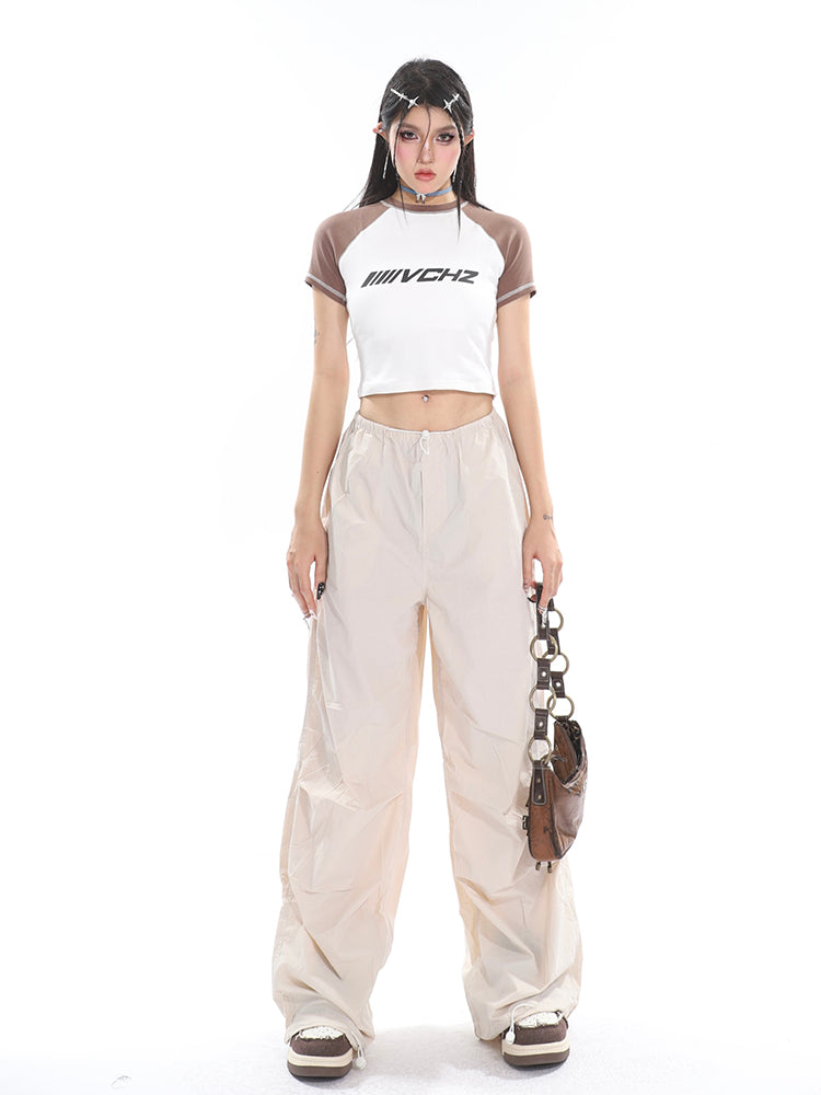 Sofia Solid Color High Waist Straight Leg Drawstring Baggy Loose Parachute Cargo Pants