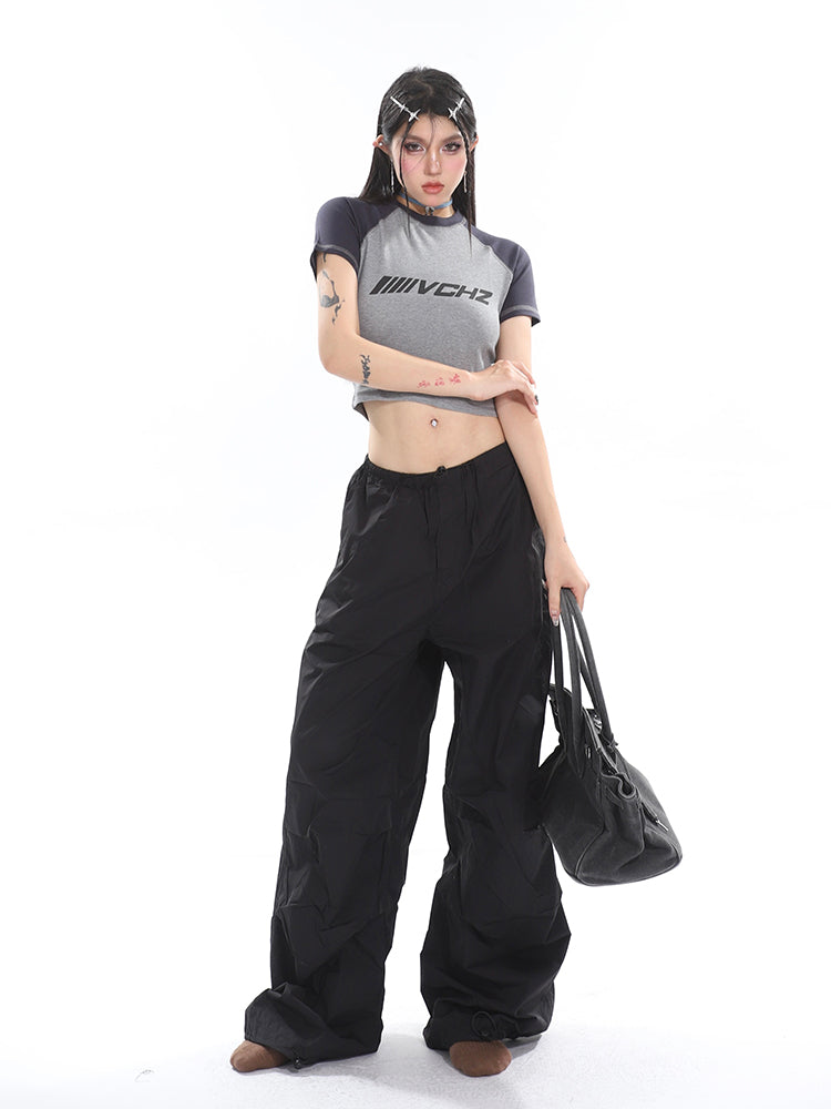 Sofia Solid Color High Waist Straight Leg Drawstring Baggy Loose Parachute Cargo Pants