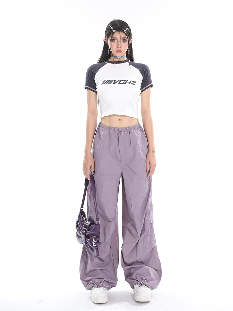 Sofia Solid Color High Waist Straight Leg Drawstring Baggy Loose Parachute Cargo Pants