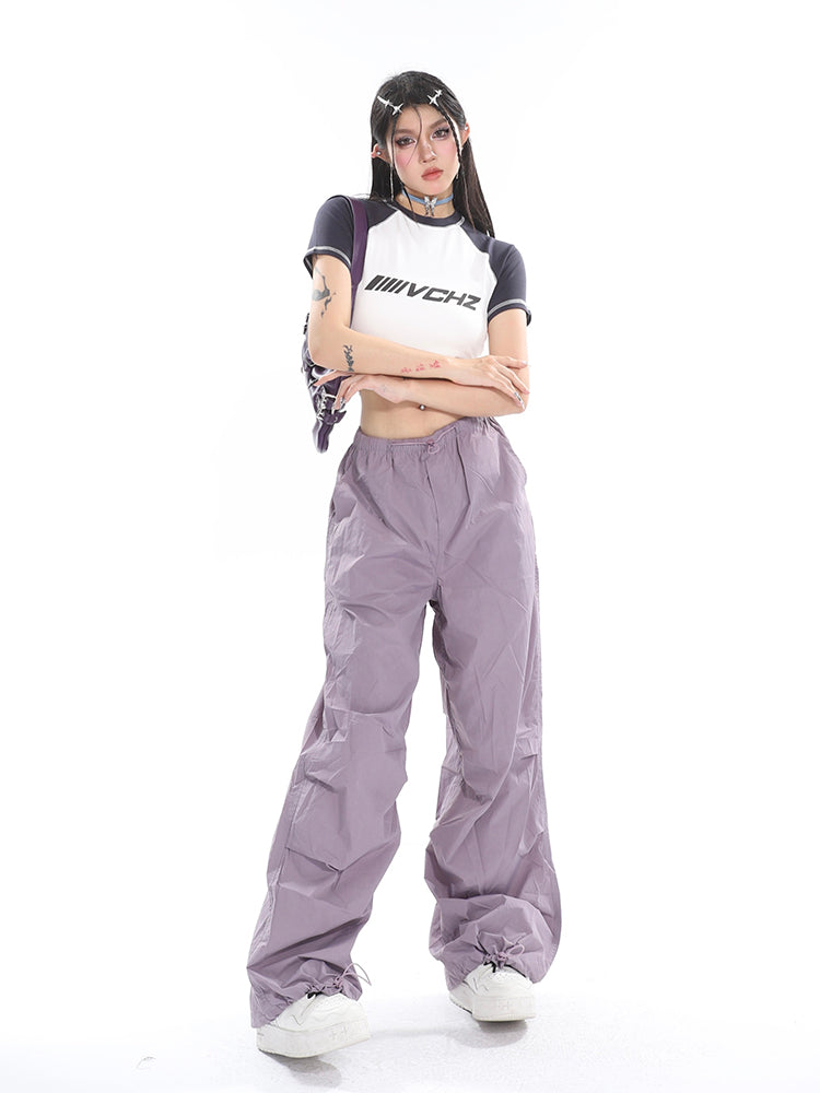 Sofia Solid Color High Waist Straight Leg Drawstring Baggy Loose Parachute Cargo Pants