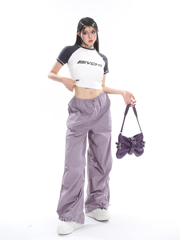 Sofia Solid Color High Waist Straight Leg Drawstring Baggy Loose Parachute Cargo Pants