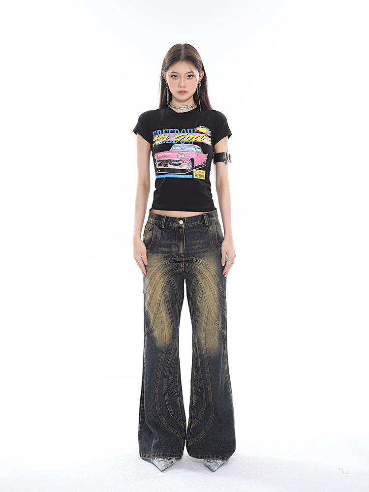 Sonio Denim Blue Washed Patchwork High Waist Straight Leg Jeans Pants