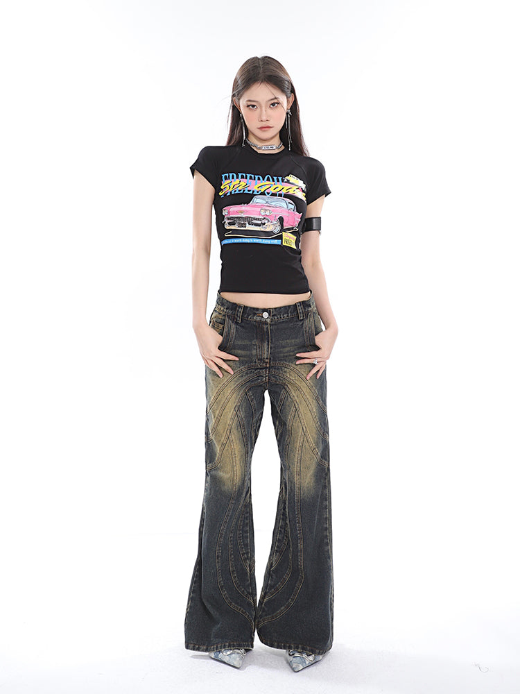 Sonio Denim Blue Washed Patchwork High Waist Straight Leg Jeans Pants