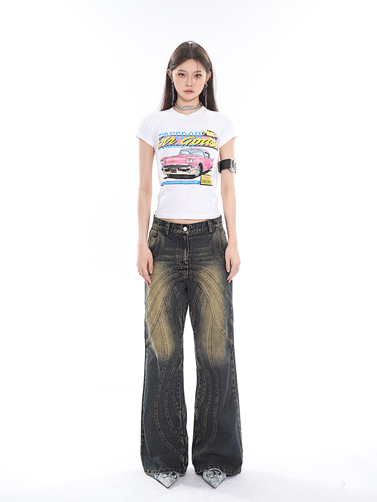 Sonio Denim Blue Washed Patchwork High Waist Straight Leg Jeans Pants