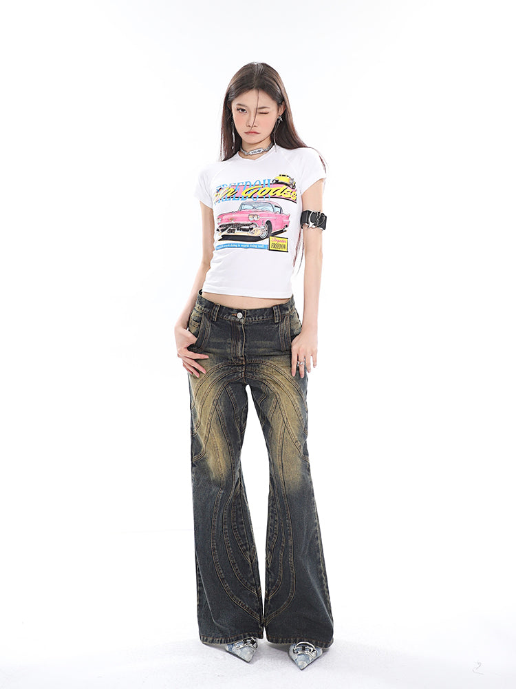 Sonio Denim Blue Washed Patchwork High Waist Straight Leg Jeans Pants