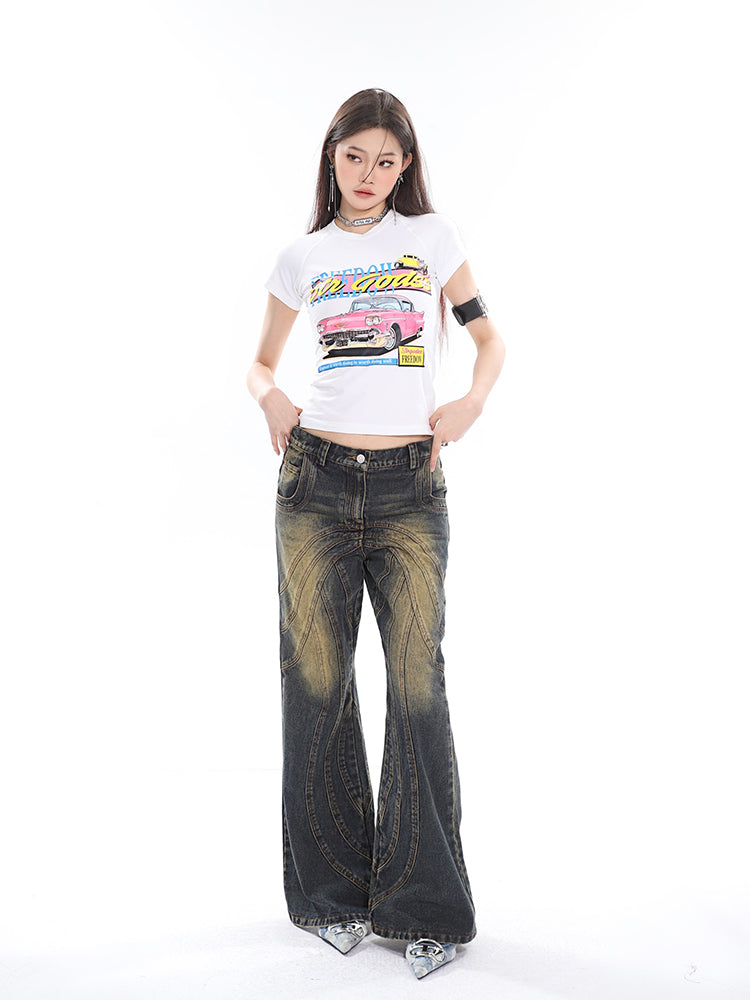 Sonio Denim Blue Washed Patchwork High Waist Straight Leg Jeans Pants