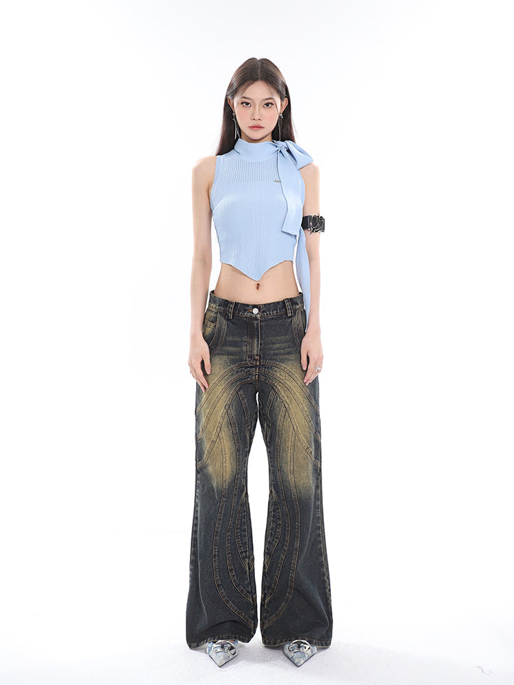 Sonio Denim Blue Washed Patchwork High Waist Straight Leg Jeans Pants