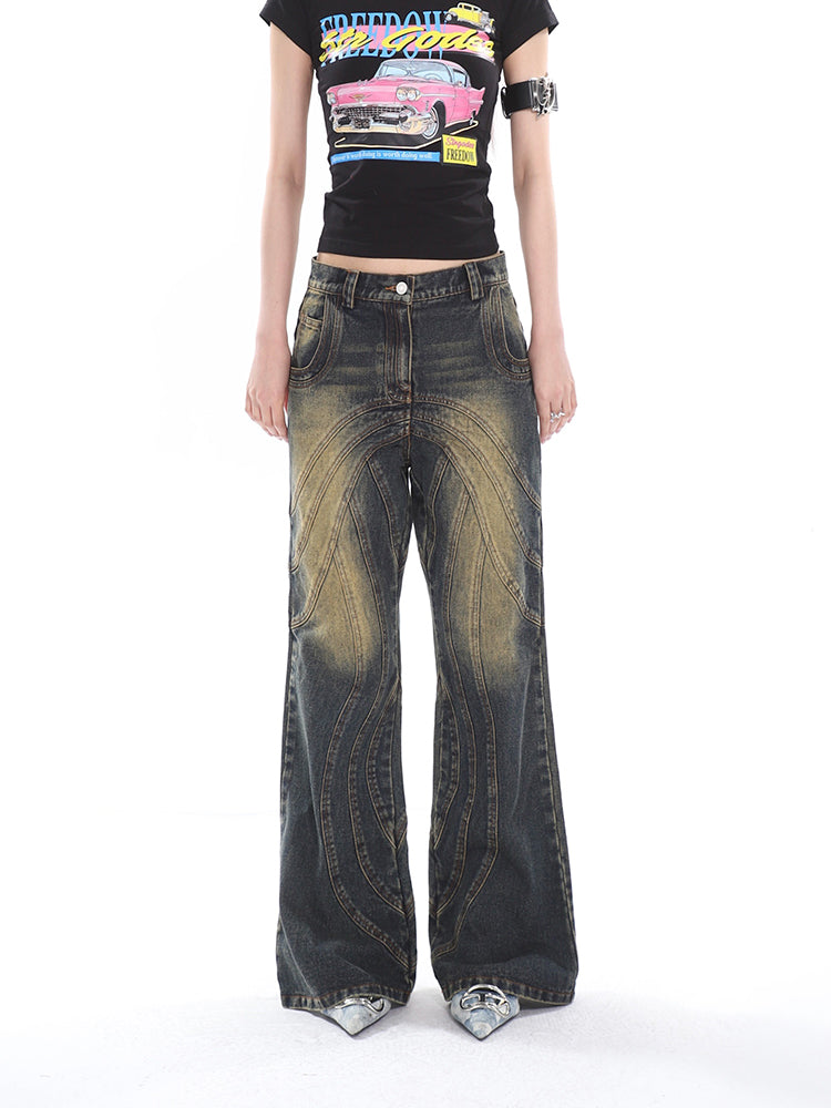 Sonio Denim Blue Washed Patchwork High Waist Straight Leg Jeans Pants