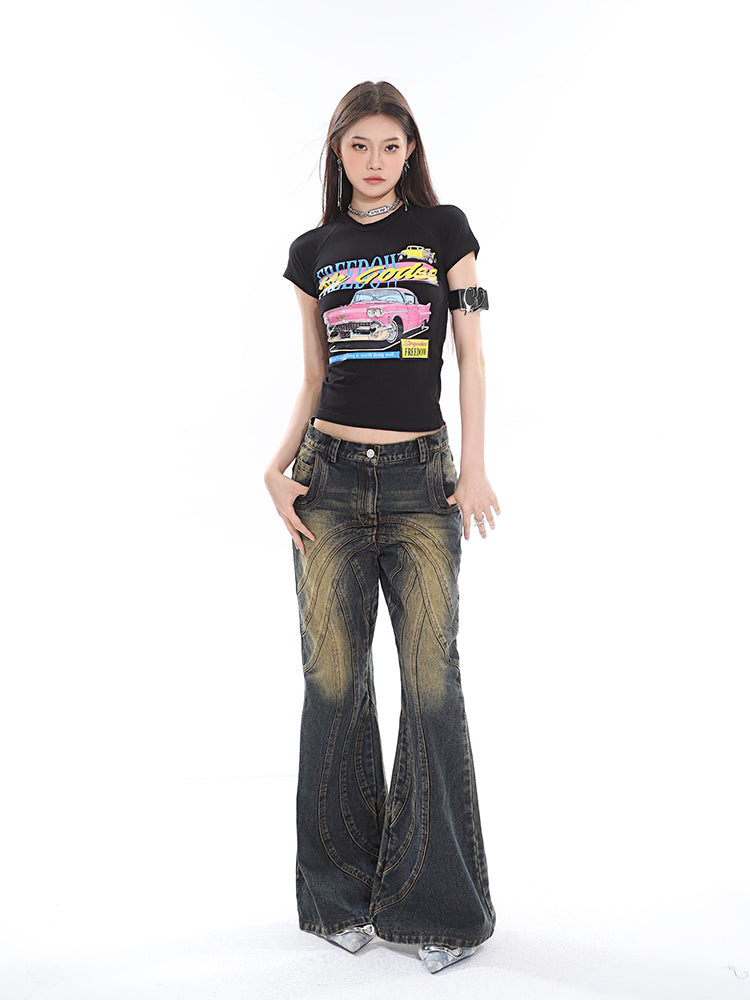 Sonio Denim Blue Washed Patchwork High Waist Straight Leg Jeans Pants