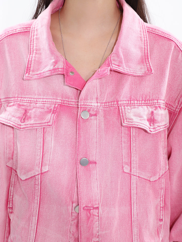 Barbie Pink Denim Bleach Washed Dye Long Sleeve Button Up Jean Jacket + Low Waist Straight Leg Jeans Pants Matching Set