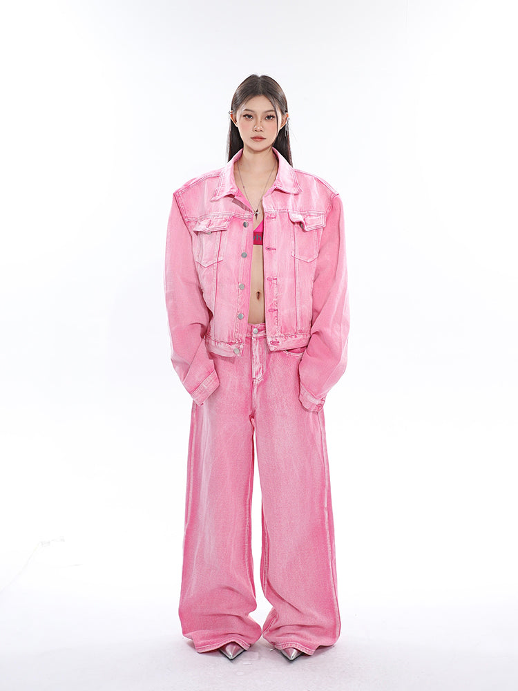 Barbie Pink Denim Bleach Washed Dye Long Sleeve Button Up Jean Jacket + Low Waist Straight Leg Jeans Pants Matching Set