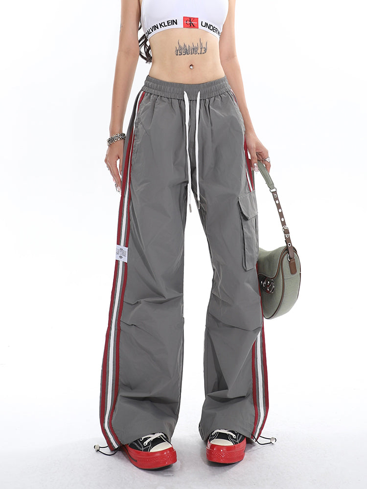 Polly Solid Color White & Red Side Striped Retro High Waist Straight Leg Baggy Cargo Pants