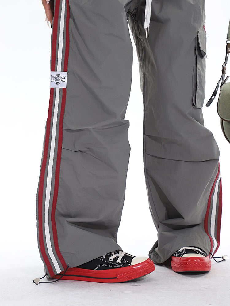 Polly Solid Color White & Red Side Striped Retro High Waist Straight Leg Baggy Cargo Pants