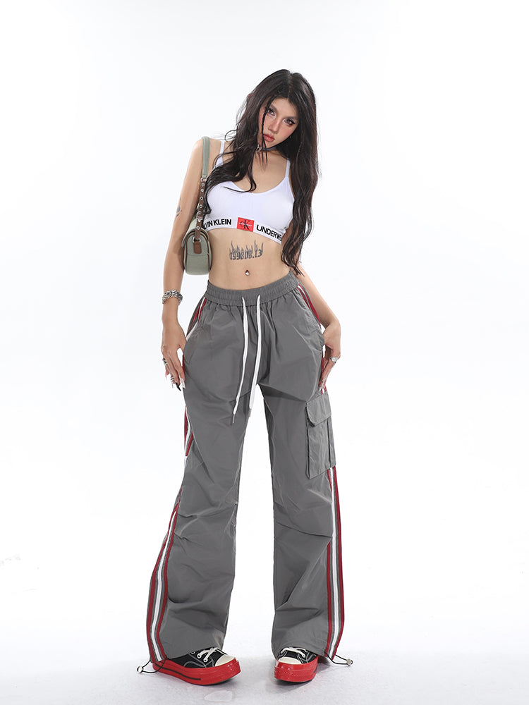 Polly Solid Color White & Red Side Striped Retro High Waist Straight Leg Baggy Cargo Pants