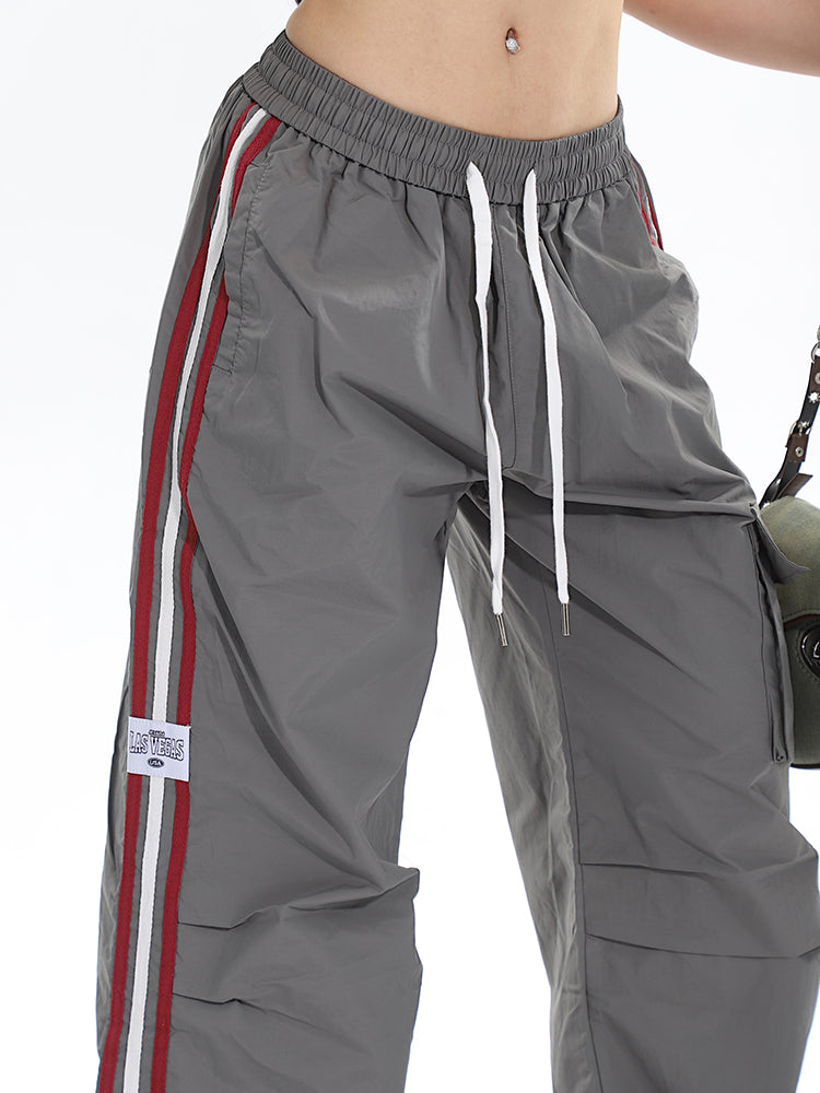 Polly Solid Color White & Red Side Striped Retro High Waist Straight Leg Baggy Cargo Pants