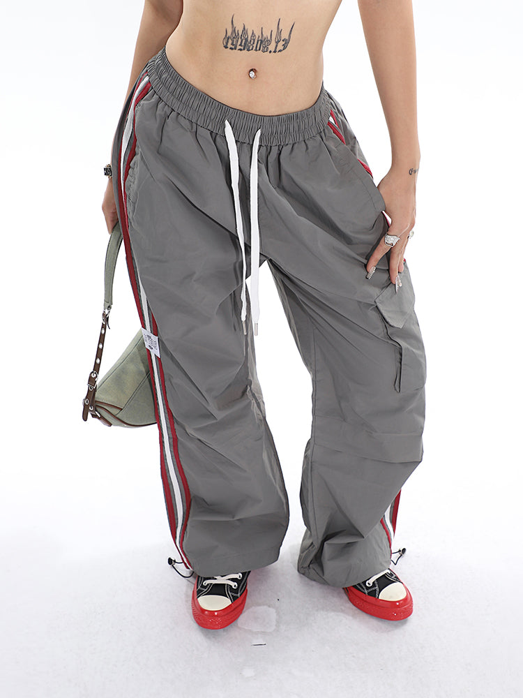 Polly Solid Color White & Red Side Striped Retro High Waist Straight Leg Baggy Cargo Pants