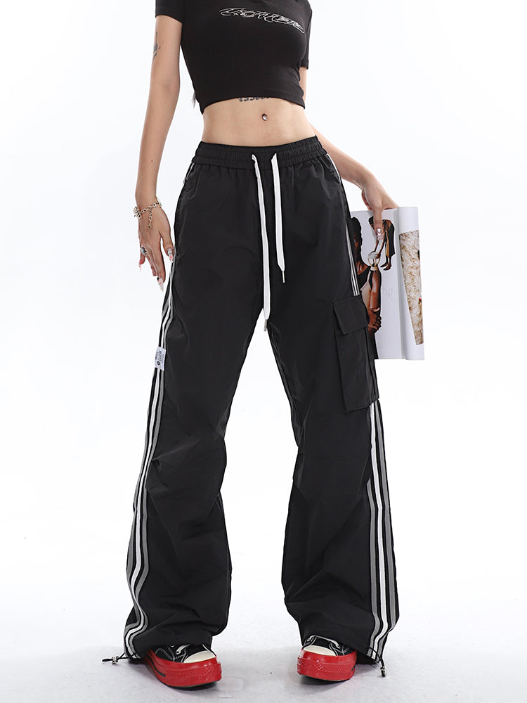 Polly Solid Color White & Red Side Striped Retro High Waist Straight Leg Baggy Cargo Pants