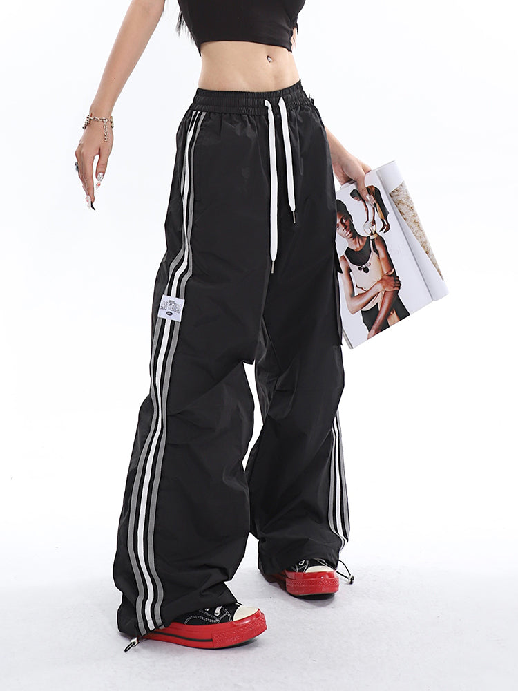 Polly Solid Color White & Red Side Striped Retro High Waist Straight Leg Baggy Cargo Pants