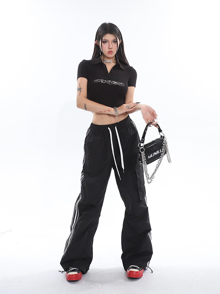 Polly Solid Color White & Red Side Striped Retro High Waist Straight Leg Baggy Cargo Pants