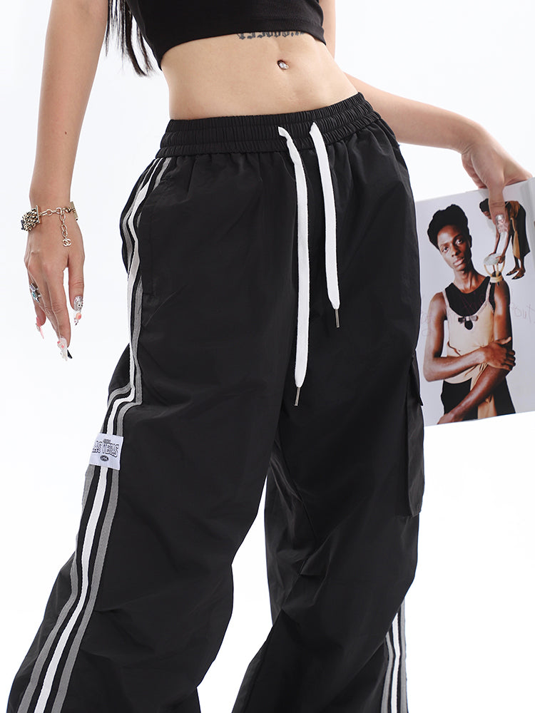 Polly Solid Color White & Red Side Striped Retro High Waist Straight Leg Baggy Cargo Pants