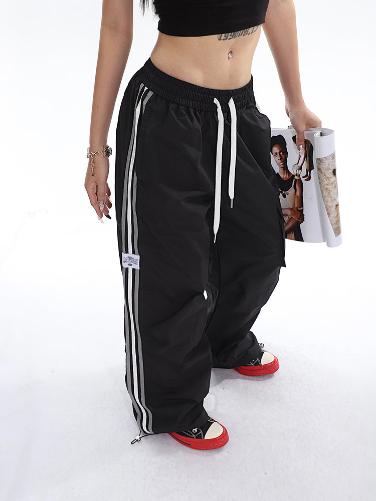 Polly Solid Color White & Red Side Striped Retro High Waist Straight Leg Baggy Cargo Pants