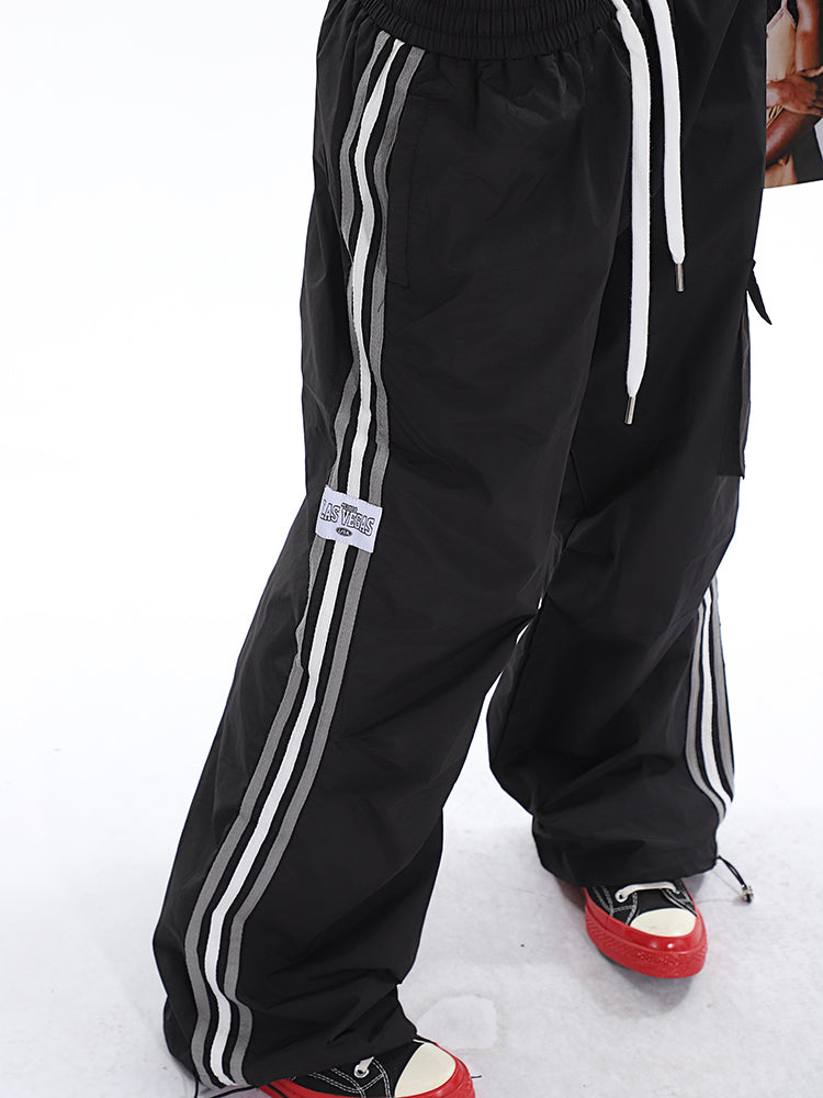 Polly Solid Color White & Red Side Striped Retro High Waist Straight Leg Baggy Cargo Pants