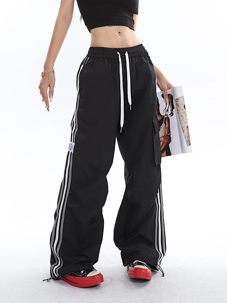 Polly Solid Color White & Red Side Striped Retro High Waist Straight Leg Baggy Cargo Pants