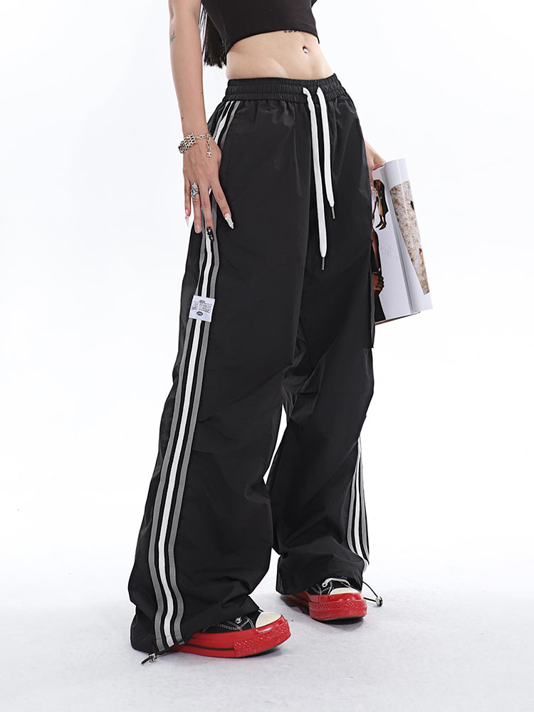 Polly Solid Color White & Red Side Striped Retro High Waist Straight Leg Baggy Cargo Pants