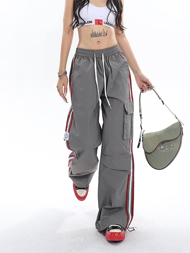 Polly Solid Color White & Red Side Striped Retro High Waist Straight Leg Baggy Cargo Pants