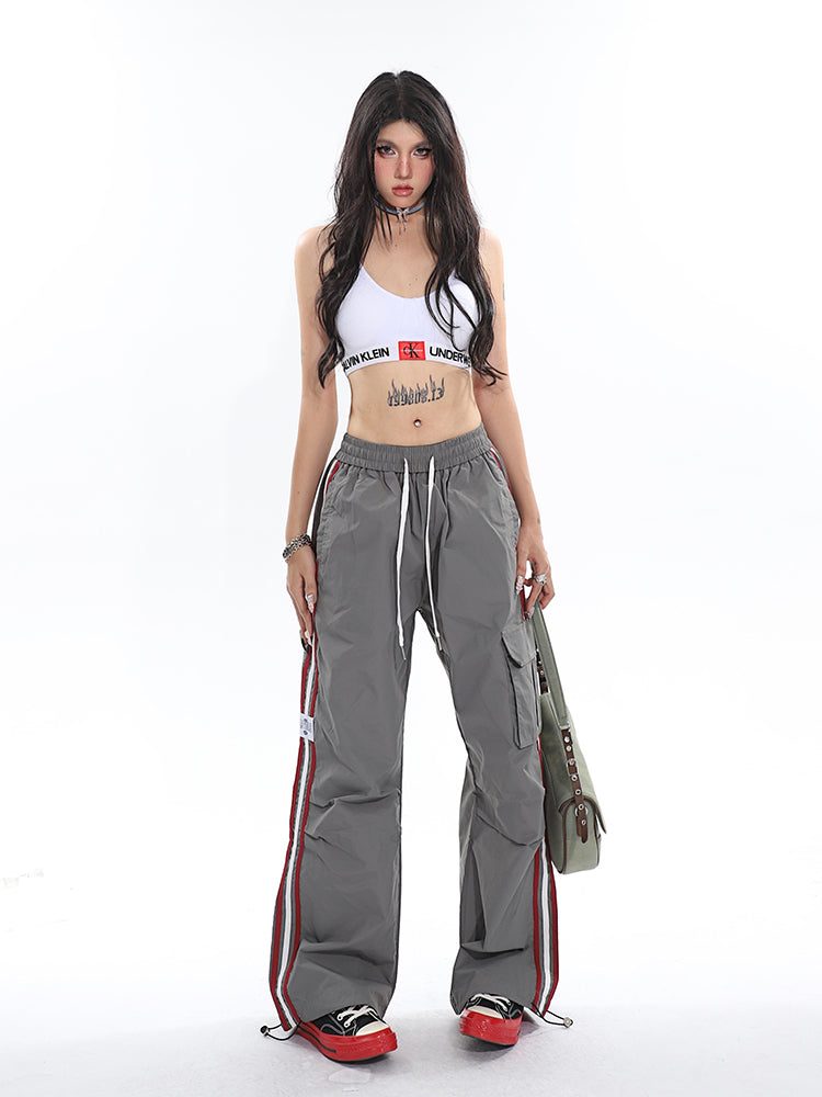 Polly Solid Color White & Red Side Striped Retro High Waist Straight Leg Baggy Cargo Pants