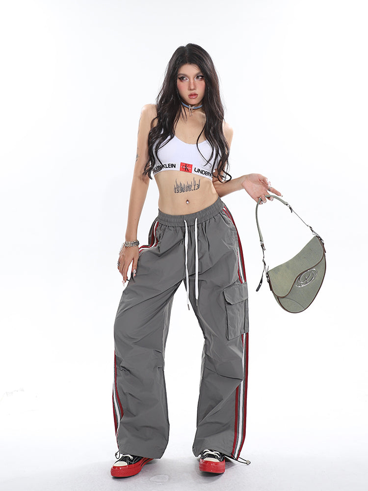 Polly Solid Color White & Red Side Striped Retro High Waist Straight Leg Baggy Cargo Pants