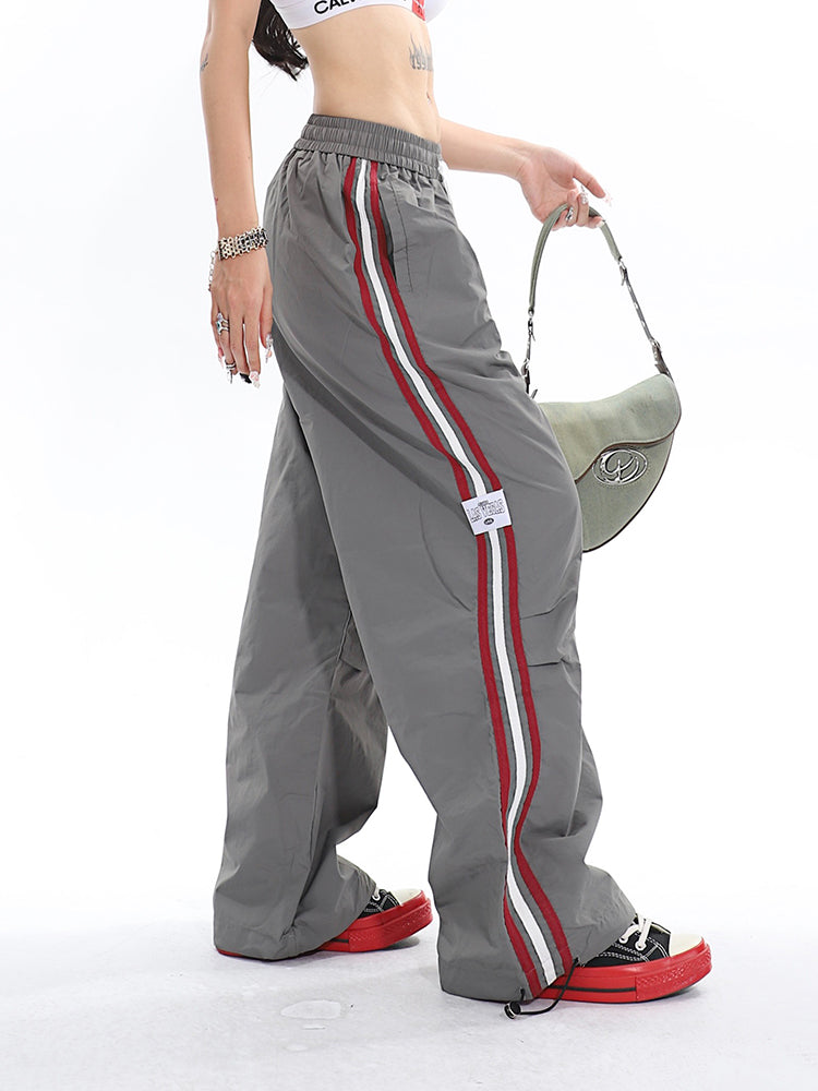 Polly Solid Color White & Red Side Striped Retro High Waist Straight Leg Baggy Cargo Pants