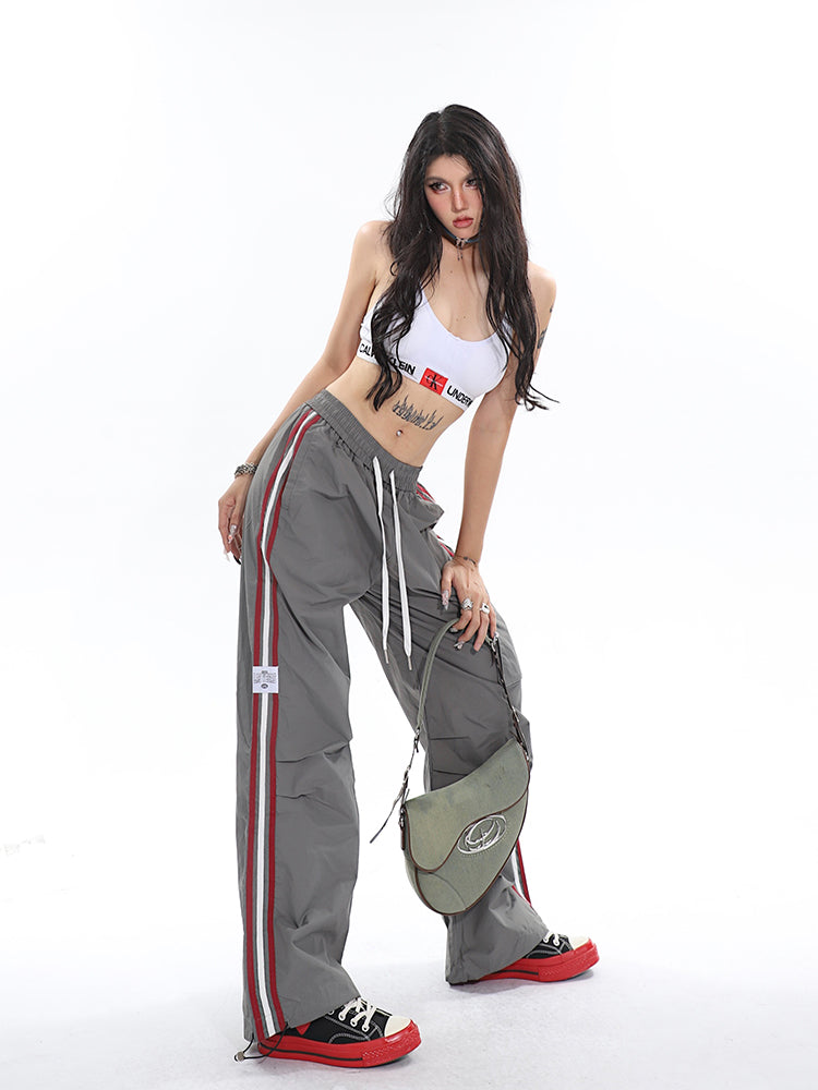 Polly Solid Color White & Red Side Striped Retro High Waist Straight Leg Baggy Cargo Pants