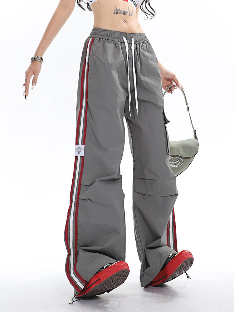 Polly Solid Color White & Red Side Striped Retro High Waist Straight Leg Baggy Cargo Pants