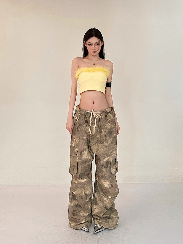 Alexis Brown Green Acid Wash Vintage Camouflage High Waist Straight Wide Leg Multi-Pocket Cargo Pleated Pants