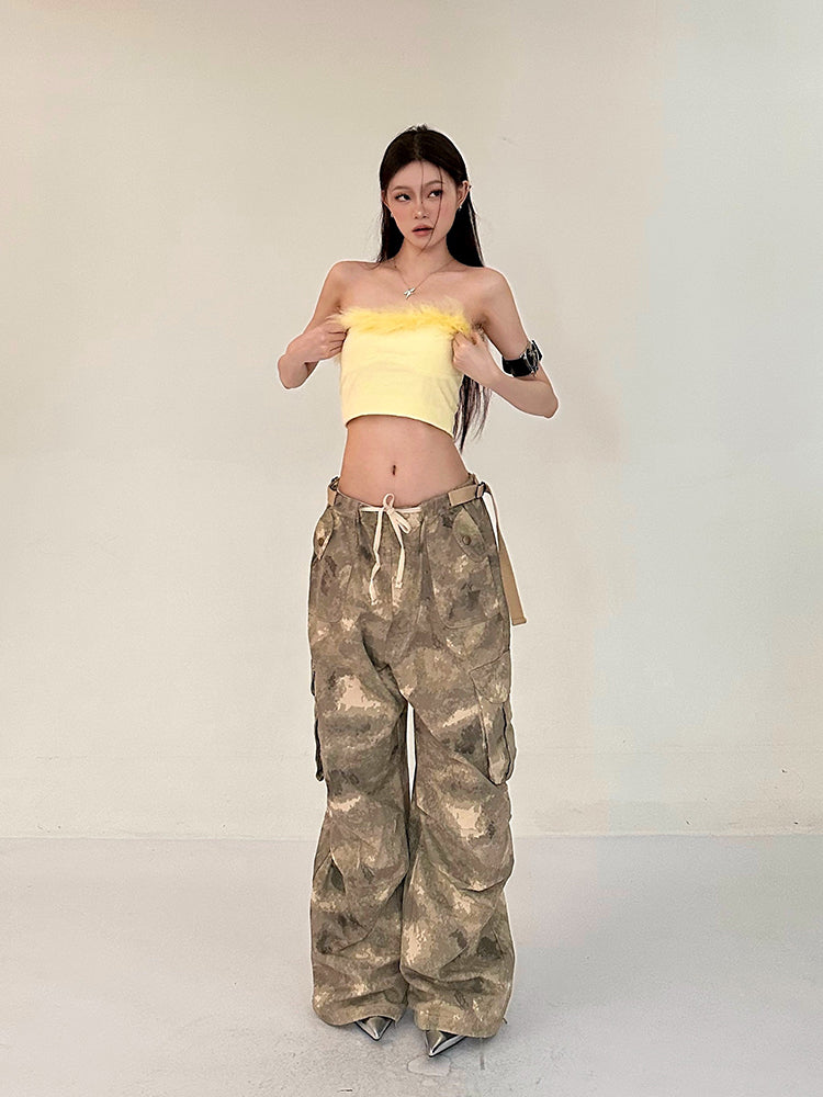 Alexis Brown Green Acid Wash Vintage Camouflage High Waist Straight Wide Leg Multi-Pocket Cargo Pleated Pants