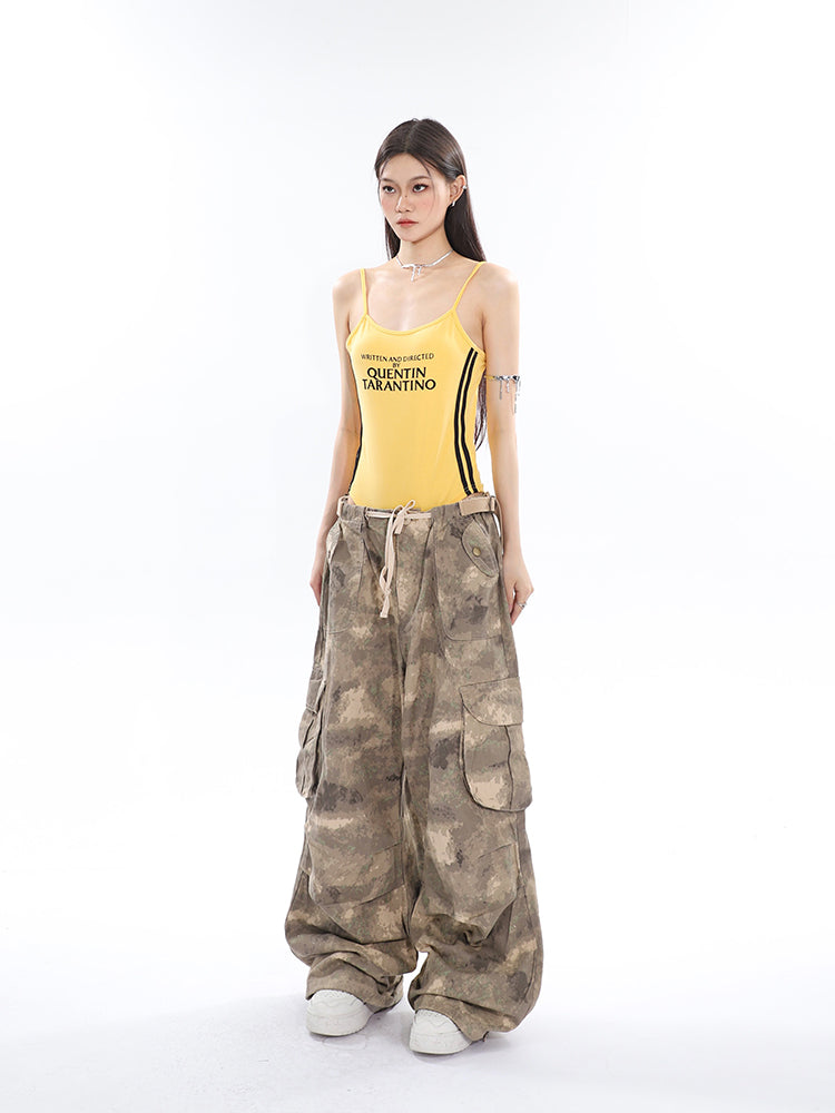 Alexis Brown Green Acid Wash Vintage Camouflage High Waist Straight Wide Leg Multi-Pocket Cargo Pleated Pants