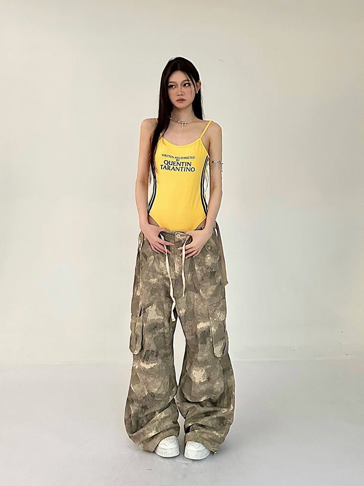 Alexis Brown Green Acid Wash Vintage Camouflage High Waist Straight Wide Leg Multi-Pocket Cargo Pleated Pants