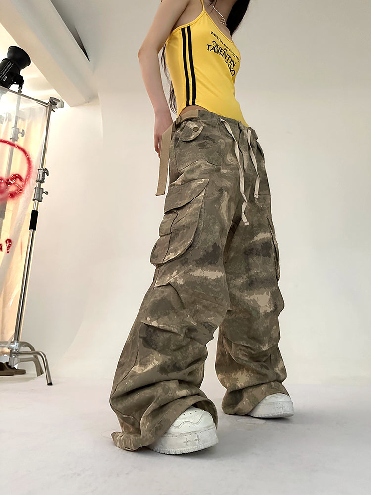 Alexis Brown Green Acid Wash Vintage Camouflage High Waist Straight Wide Leg Multi-Pocket Cargo Pleated Pants