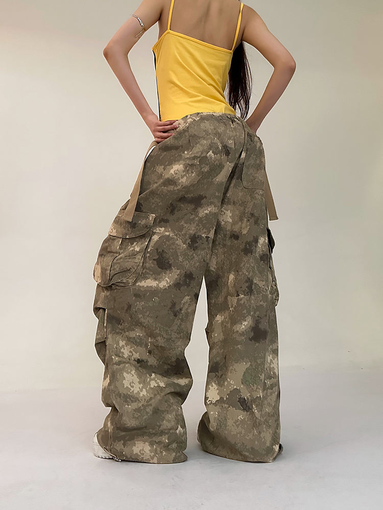 Alexis Brown Green Acid Wash Vintage Camouflage High Waist Straight Wide Leg Multi-Pocket Cargo Pleated Pants