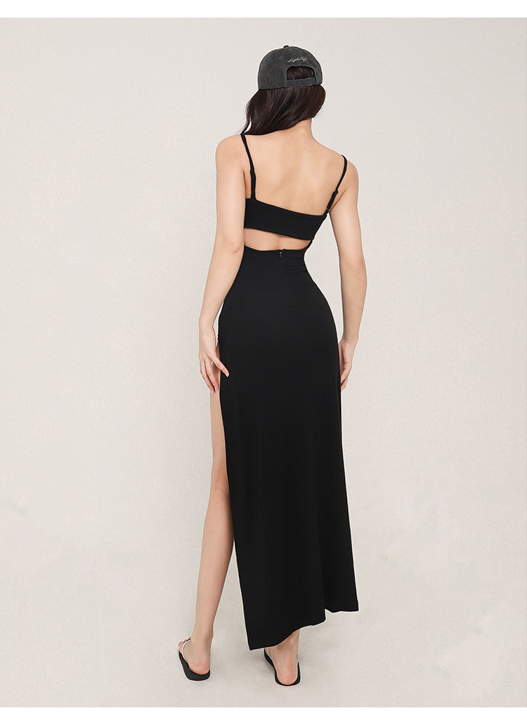 May Solid Color Black Slim Spaghetti Strap Bandeau Cut-Out Long Slim Side Slit Dress