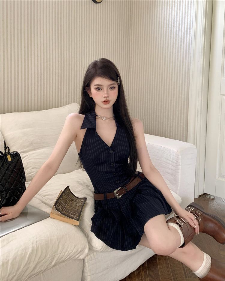 Olivia Striped Navy Blue Slim Sleeveless V-neck Halter Neck Waist Belt Pleated A-line Mini Dress