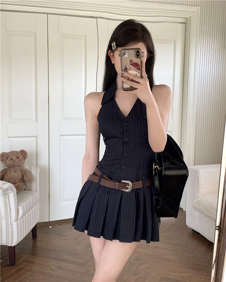 Olivia Striped Navy Blue Slim Sleeveless V-neck Halter Neck Waist Belt Pleated A-line Mini Dress