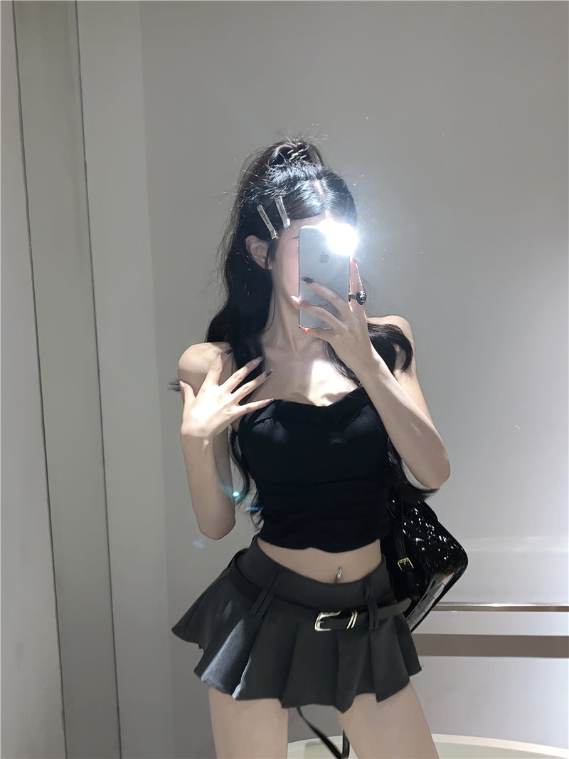 Jude Solid Color High Waist Belt Pleated A-Line Mini Skirt