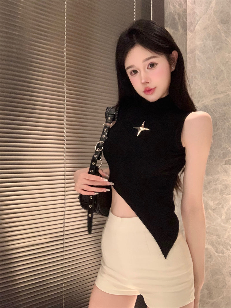 Soniu Solid Color Ribbed Turtleneck Sleeveless Asymmetrical Slim Cropped Top