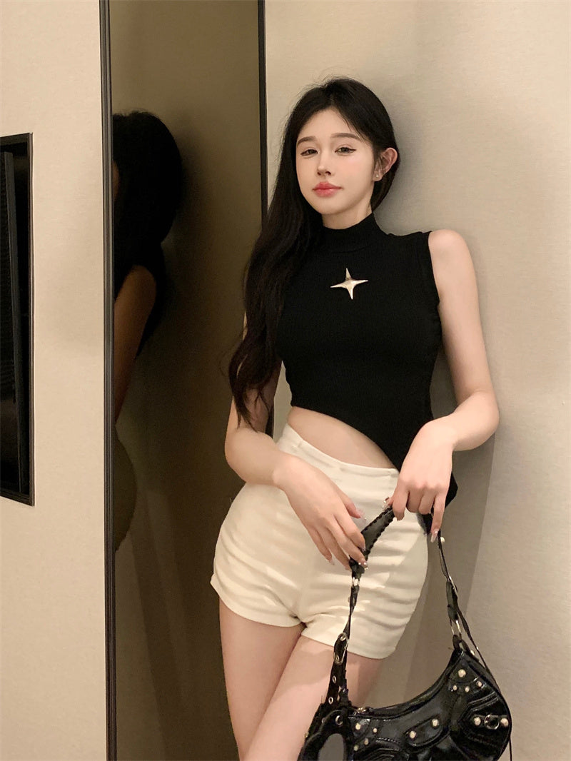 Soniu Solid Color Ribbed Turtleneck Sleeveless Asymmetrical Slim Cropped Top